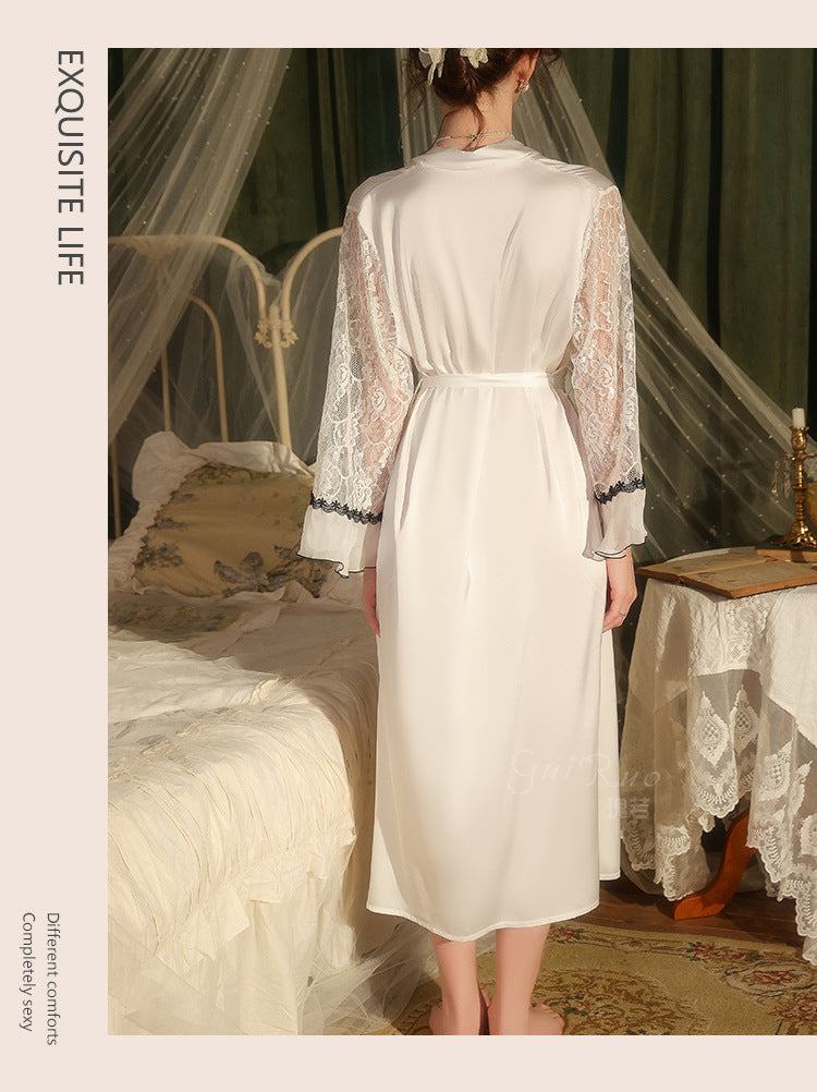 DZ Guiruo Brand Light Luxury Satin Nightgown Sweet See-through Lace Decoration Sexy Lace-up Robe Women's Set5471