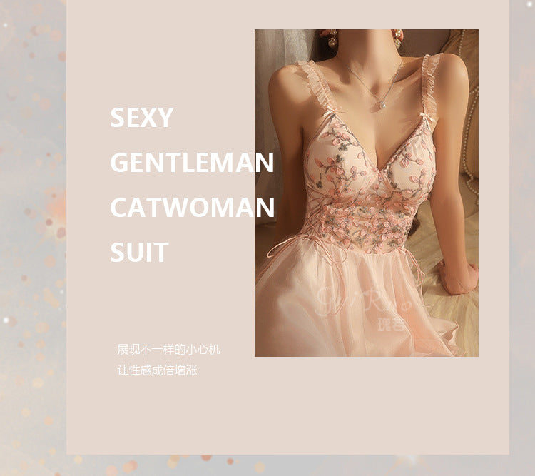 DZ Luxurious Ice Silk Lingerie Sweet Temptation Lace Deep V Padded Nightdress with Open Front Robe Set M5516