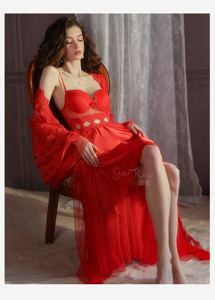 DZ Magnificent Plus Size Pure Desire Ice Silk Underwear Deep V Padded Temptation Lace Nightdress Robe Women's Set XJ5369