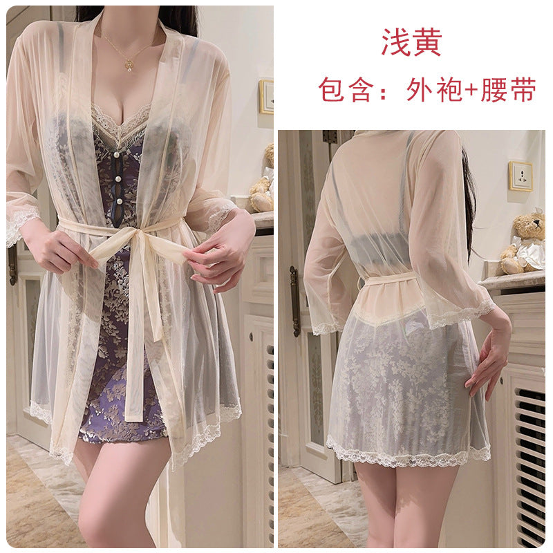 DZ Rose-like Deep V Padded Sleepwear Sweet Lazy Mesh Sexy Velvet Nightdress Robe Home Set C5928