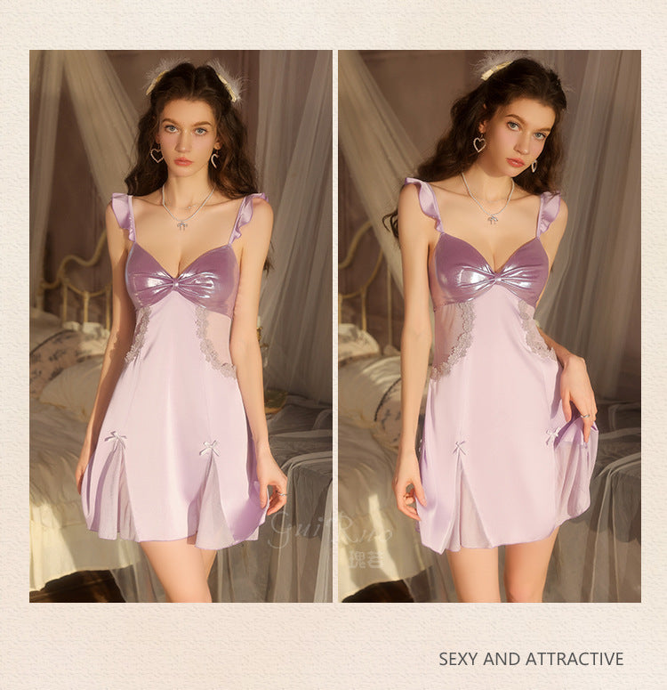 DZ Elegant Women's Light Luxury Smooth Satin Nightgown Deep V Backless Sexy Padded Nightdress Homewear Set C5542