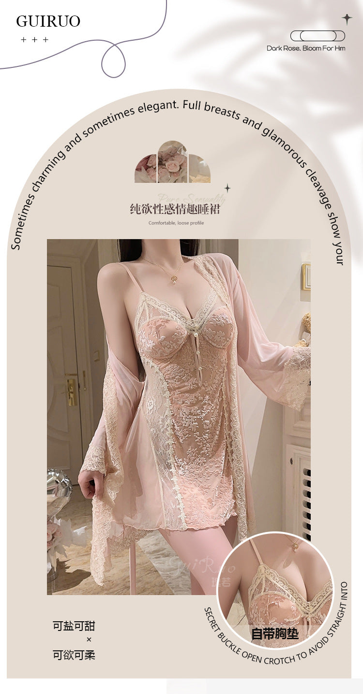DZ Rose-like Deep V Padded Sleepwear Sweet Lazy Mesh Sexy Velvet Nightdress Robe Home Set C5928