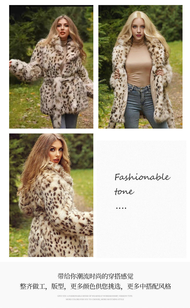 Europe, America, autumn and winter, new plus size women's fur leopard coat, suit collar and long section.