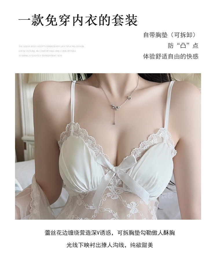 DZ Gorgeous Sweet Smooth Satin Lingerie Passionate Hot See-through Lace Padded Bra Top Three-piece Set5083