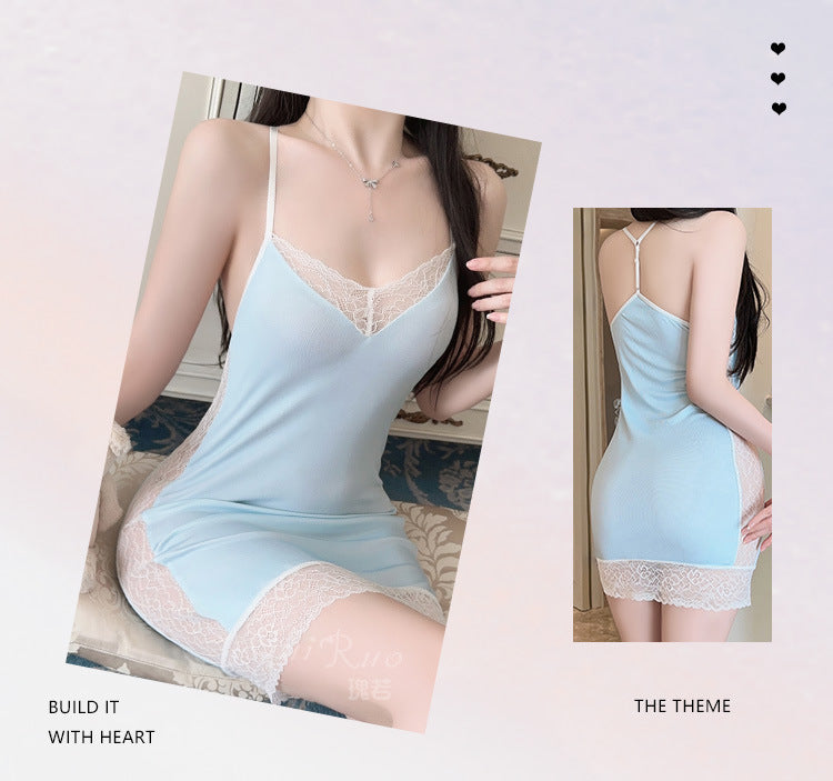 DZ Guiruo Brand Lingerie Pure Desire Hot Slim Sweet See-through Lace Sexy Low-cut Camisole Dress Set4485