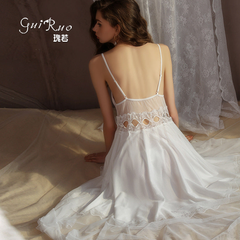 DZ Magnificent Plus Size Pure Desire Ice Silk Underwear Deep V Padded Temptation Lace Nightdress Robe Women's Set XJ5369