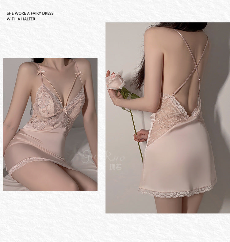 DZ Magnificent Summer Plus Size Nightdress with Chest Pads, Gathered Backless Strap Nightgown, Robe, Women's Homewear Set4372