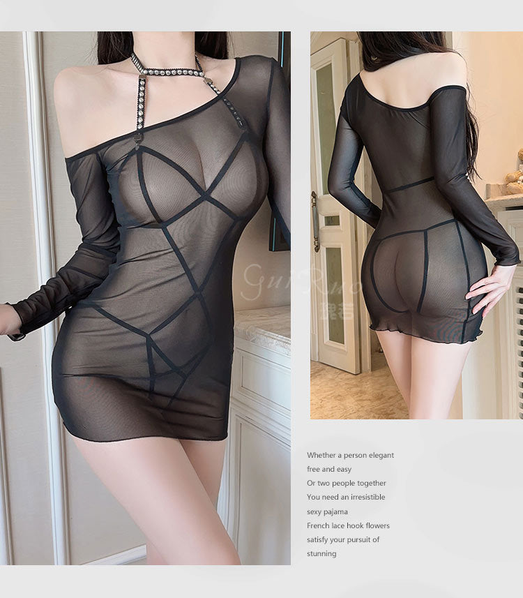 DZ Gorgeous New Style Sexy Lingerie Passionate Hot Open Crotch Bodysuit Pure Desire See-through Mesh Nightdress Set4780
