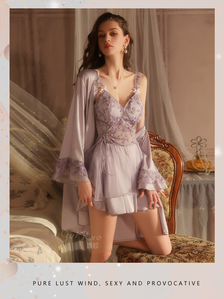 DZ Luxurious Ice Silk Lingerie Sweet Temptation Lace Deep V Padded Nightdress with Open Front Robe Set M5516