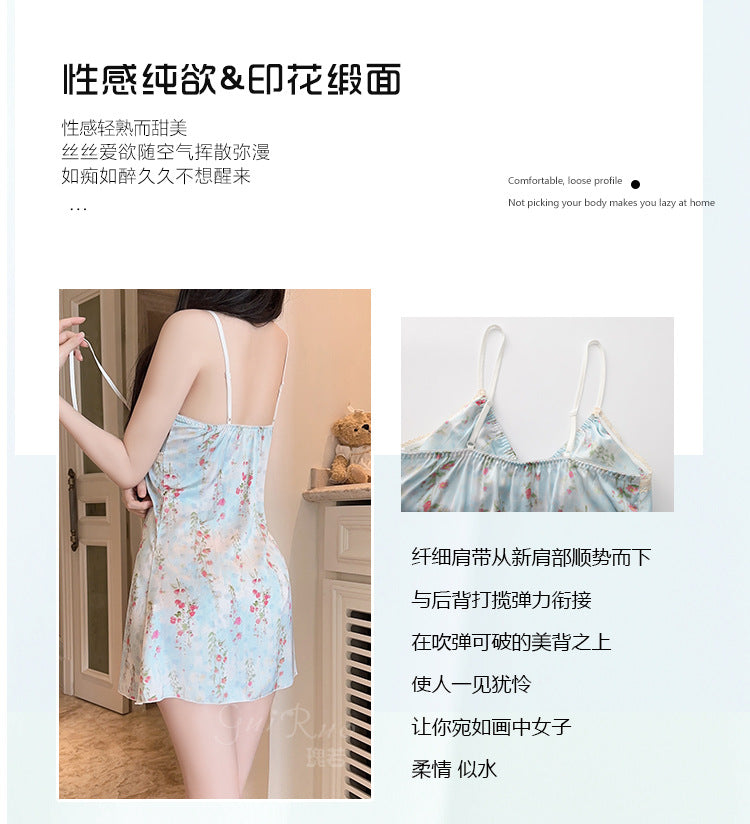 DZ Graceful New Luxury Silky Satin Printed Nightdress Sexy Temptation with Chest Pads Plus Size Set5298