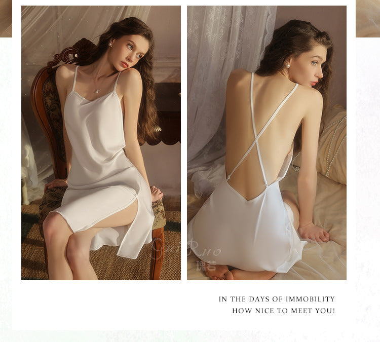 DZ Gorgeous Hot Lace-Up Backless Nightdress Sexy Temptation Slit Pure Desire Silky Satin Camisole Dress Set5606