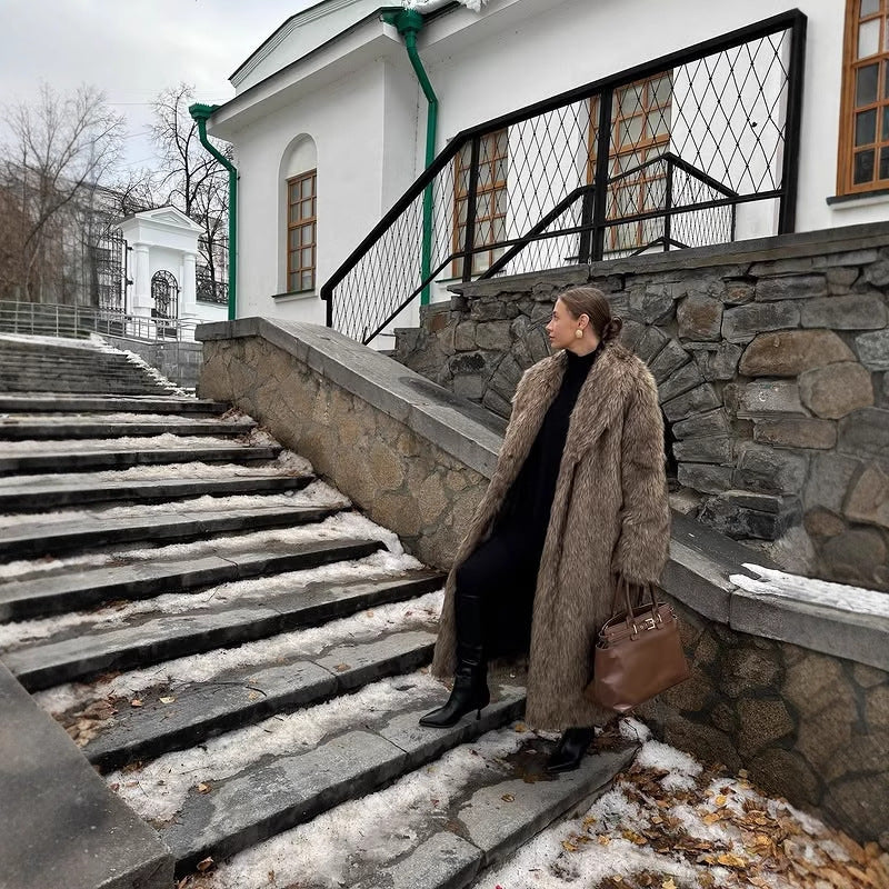 Apricot Red Long Coat New Fur Shearling Jacket Brown Coffee Color Thickened Winter Warm Outerwear Extra Long