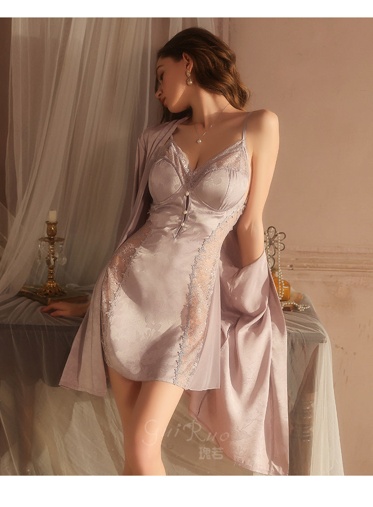 DZ Magnificent and fiery deep V Padded Bra Lingerie Pure Desire Backless Sexy Jacquard Nightdress Robe Home Set C5630