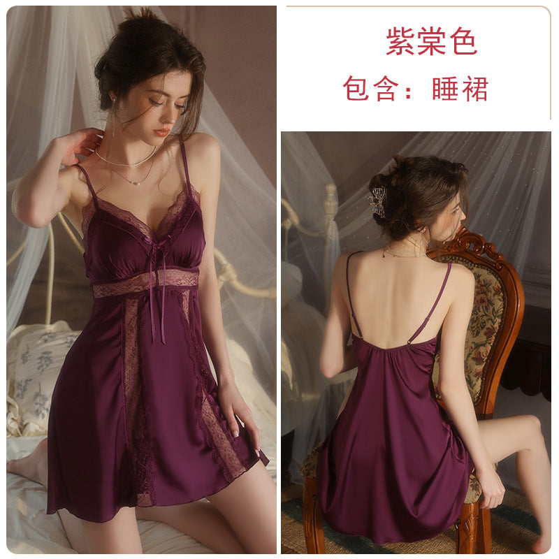 DZ Elegant Plus Size Women's Ice Silk Nightgown Deep V Gathered Padded Pure Desire Lace Nightdress and Robe Set5237