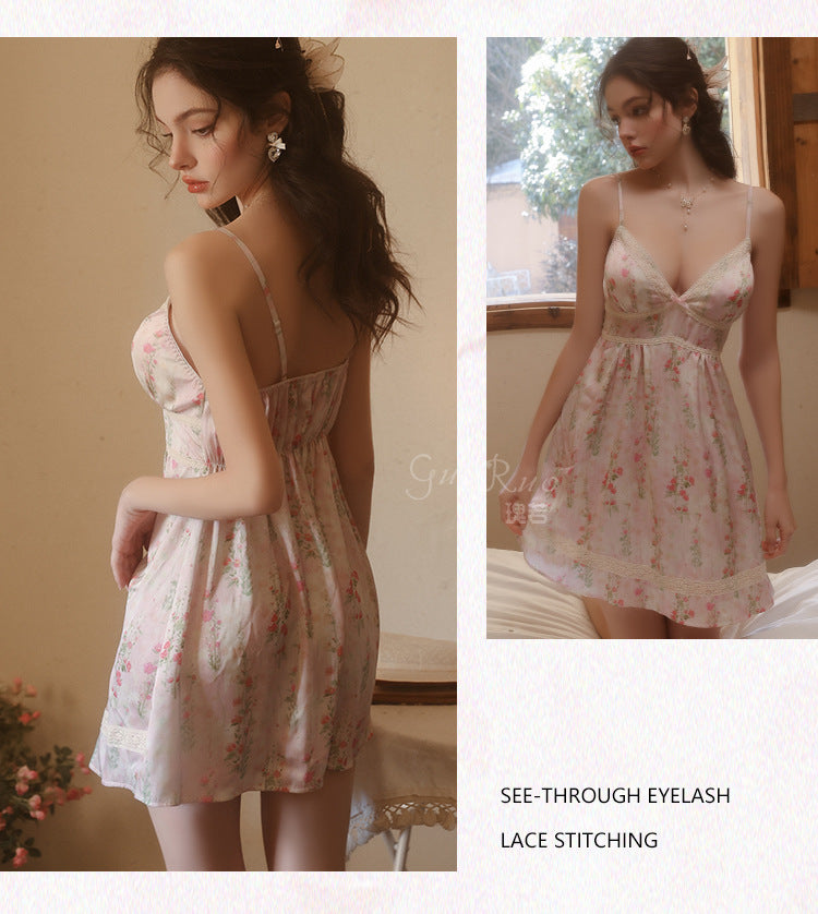 DZ Gorgeous Pure Desire Sweet Smooth Satin Nightdress Passionate Hot Plus Chest Pad Nightgown Plus Size Homewear Set5204