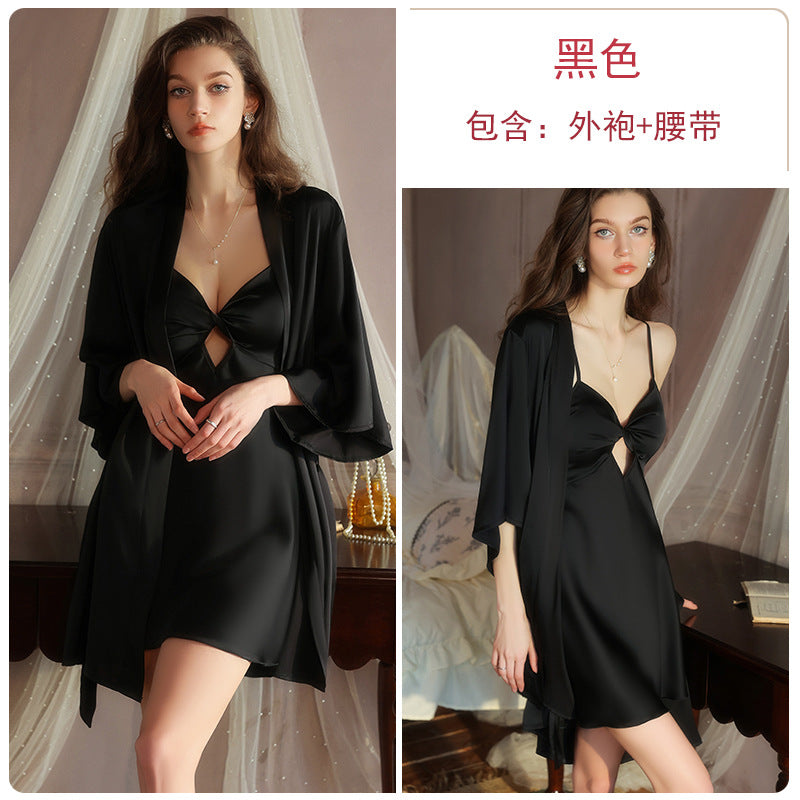 DZ Graceful Lady Sweet Light Luxury Satin Lingerie Passionate Hot Chest Pad Backless Nightdress Robe Set5591