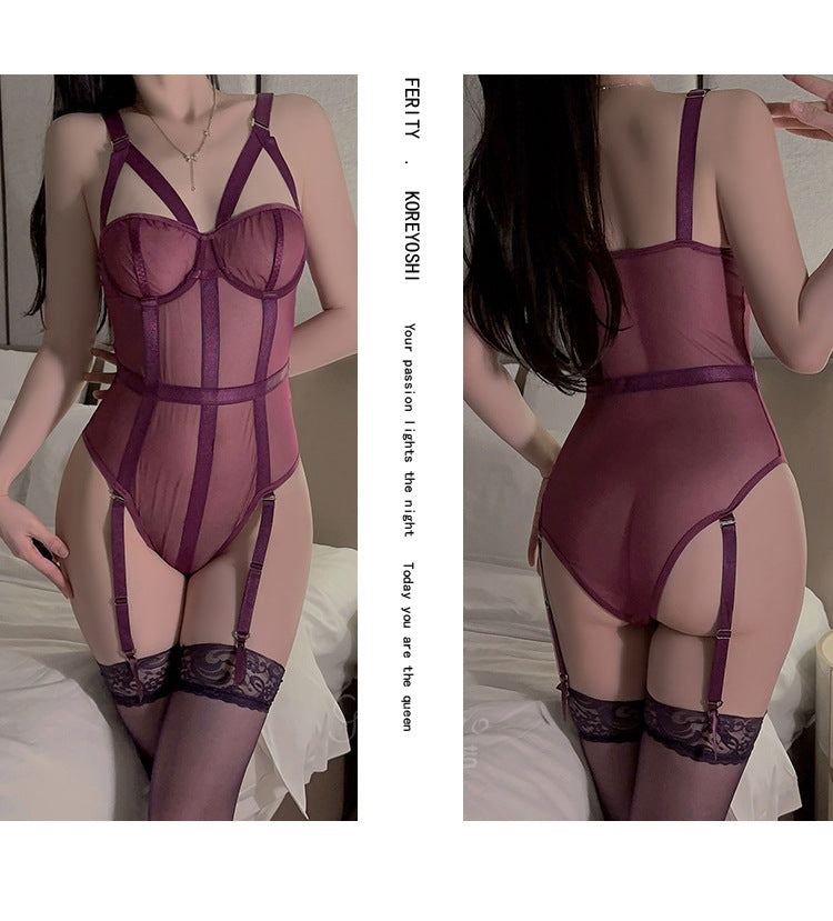 DZ Elegant Women's Lingerie Pure Desire Lazy See-through Mesh Sexy Underwire One-piece Uniform Set5420