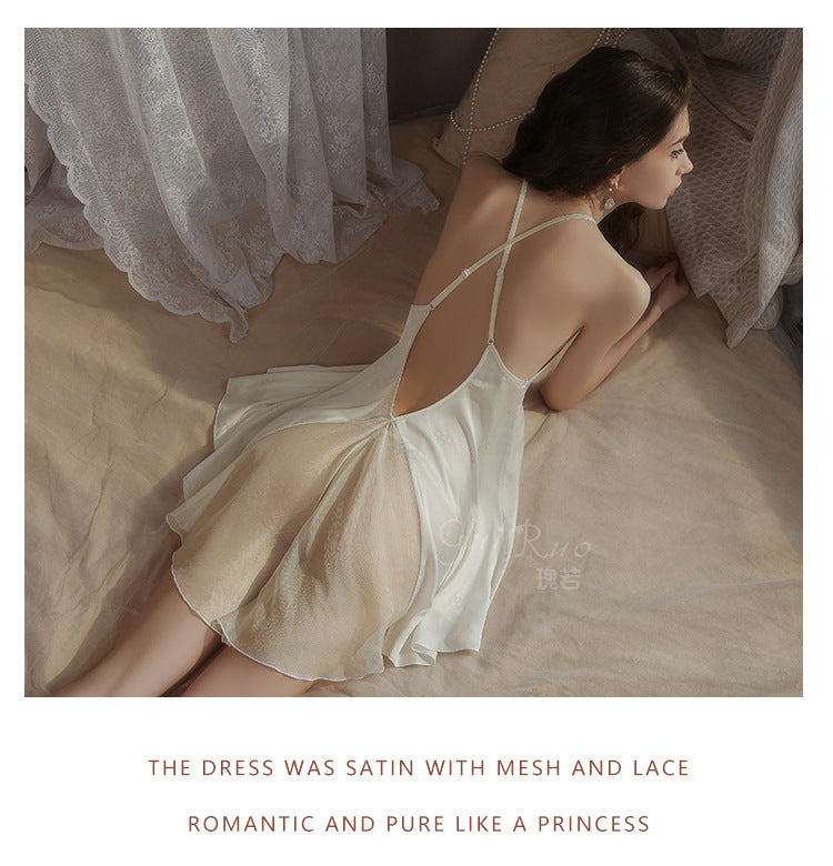 DZ Luxurious Plus Size Satin Lingerie Passionate Hot Slit Sexy Backless Nightdress Robe Women's Set5207