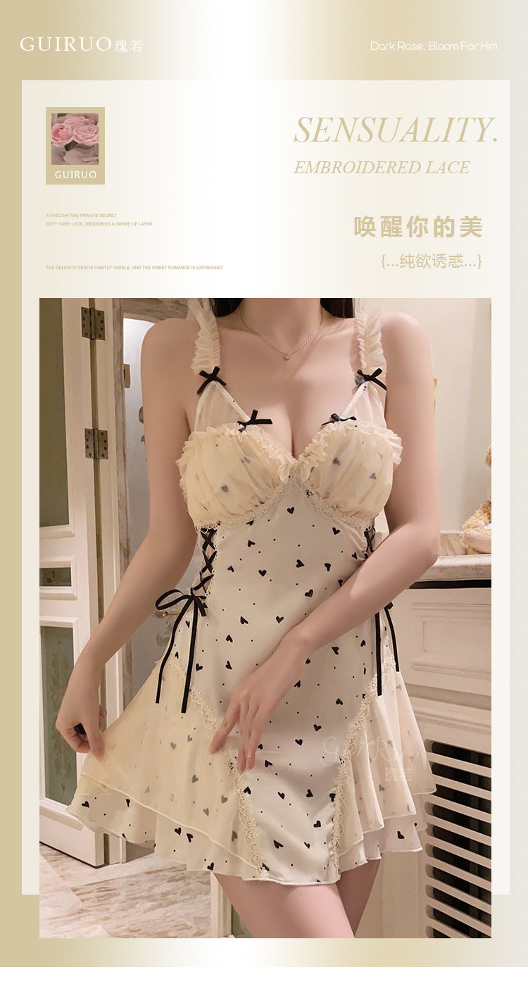 DZ Gorgeous Sexy Nightdress Pure Desire See-through Lace Hot Slim Fit with Chest Pads Plus Size Nightgown Home Set4902