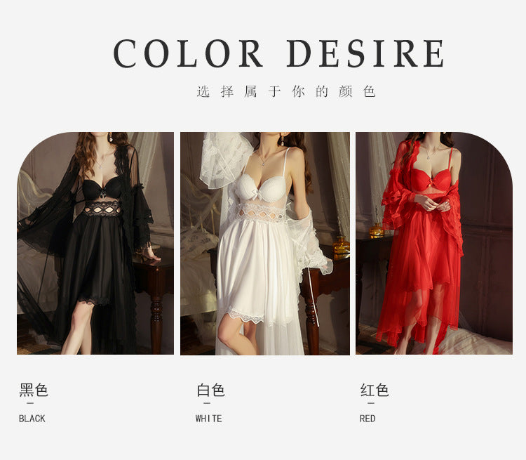 DZ Magnificent Plus Size Pure Desire Ice Silk Underwear Deep V Padded Temptation Lace Nightdress Robe Women's Set XJ5369