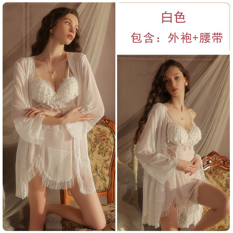 DZ Gorgeous Erotic Lingerie Playful Pure Desire Tassel Decoration Sexy Padded See-through Mesh Nightdress Set5277