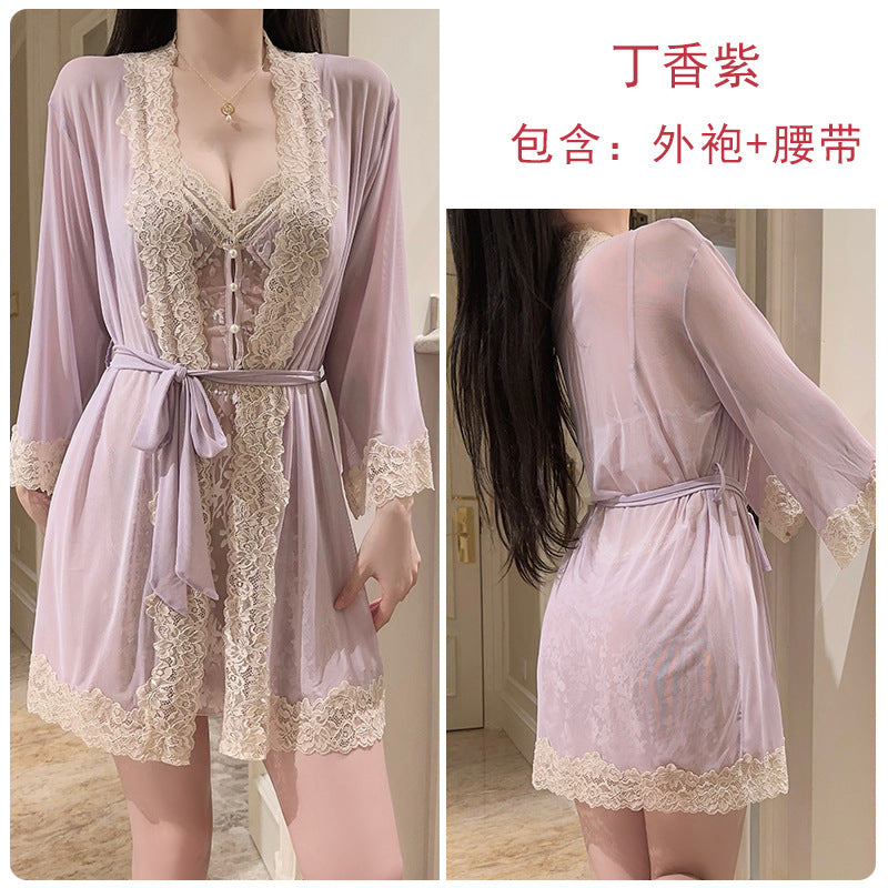 DZ Rose-like Deep V Padded Sleepwear Sweet Lazy Mesh Sexy Velvet Nightdress Robe Home Set C5928