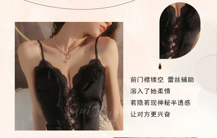 DZ Luxurious Smooth Ice Silk Nightdress Sexy Sheer Lace Deep V Open-front Nightdress and Robe Women's Set5219