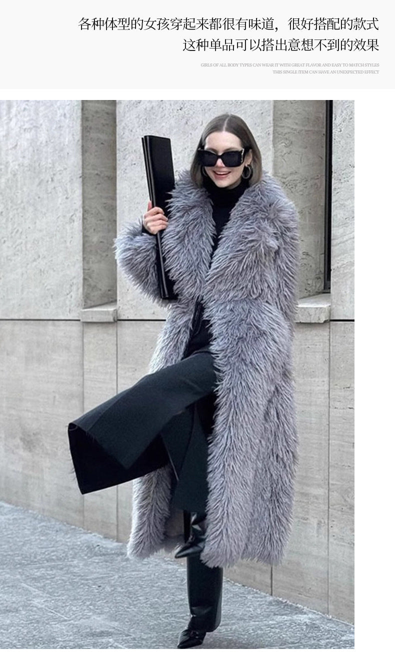 Long Fur Coat Long Hair Fur Winter Warm European and American Style Turn-Down Collar High-End Jacket