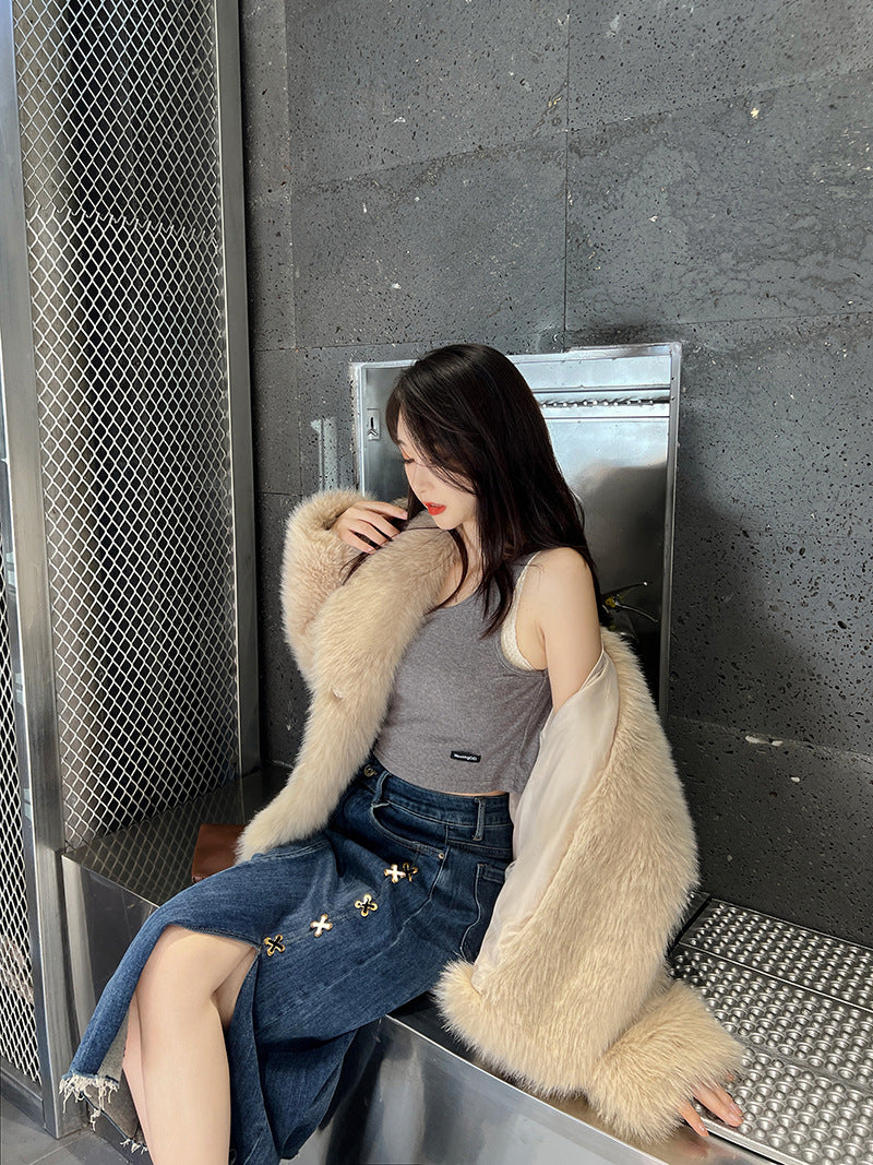 Fashionable Large Lapel Fur Coat for Women Elegant Socialite Long Sleeve Warm Overcoat Fur Top Wholesale