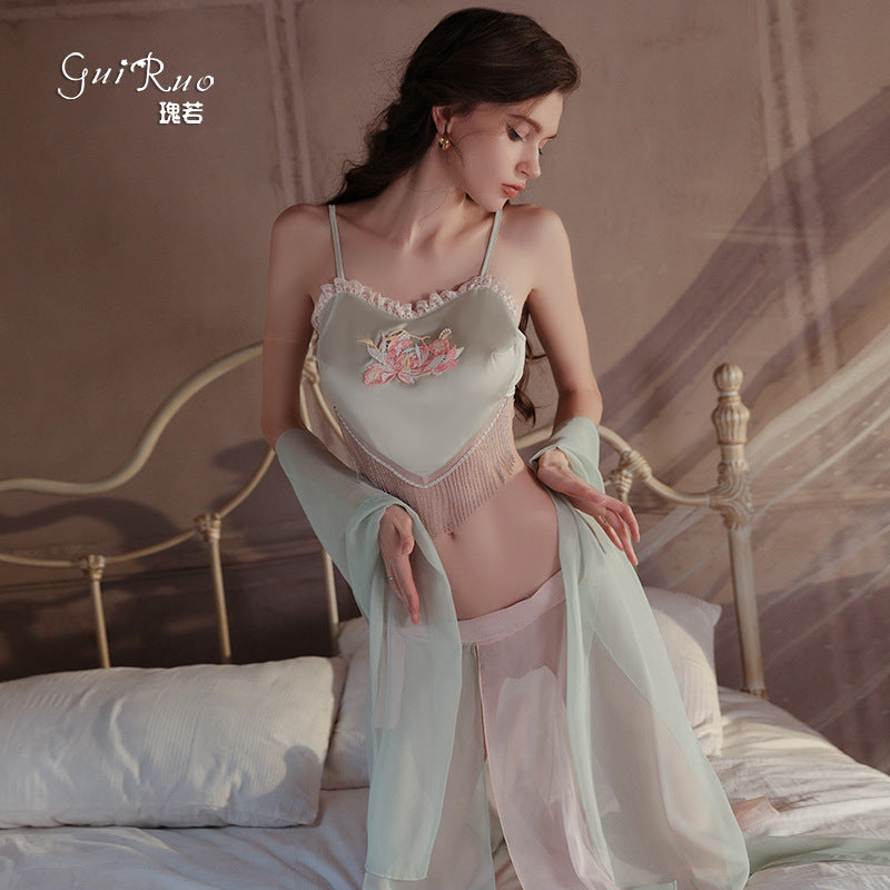 DZ Guiruo Brand Sexy Lingerie Pure Desire National Style Embroidered Bellyband Sexy Slit Split Skirt Uniform Set5042