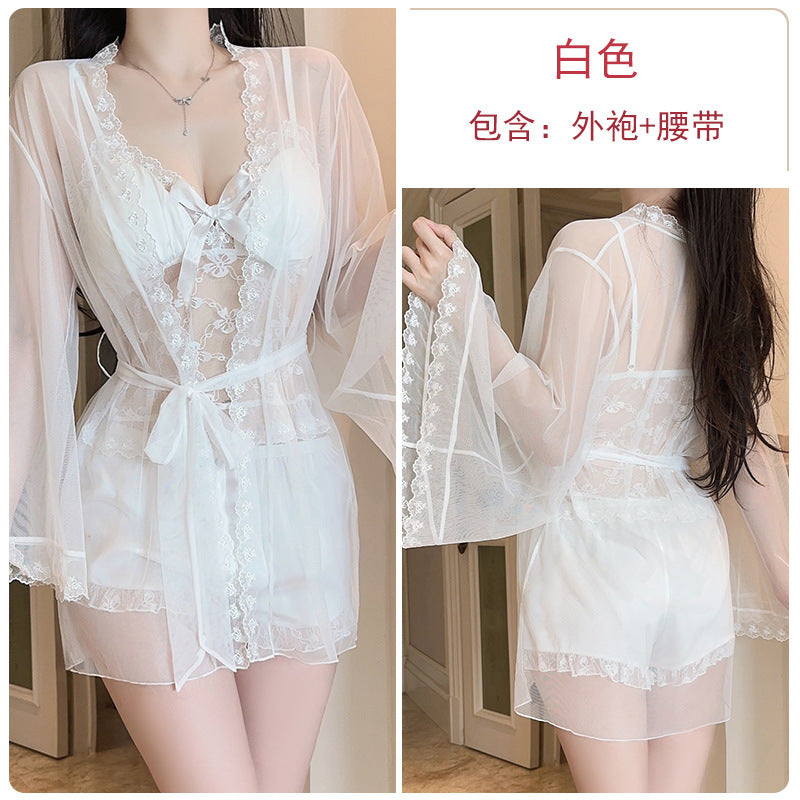 DZ Gorgeous Sweet Smooth Satin Lingerie Passionate Hot See-through Lace Padded Bra Top Three-piece Set5083