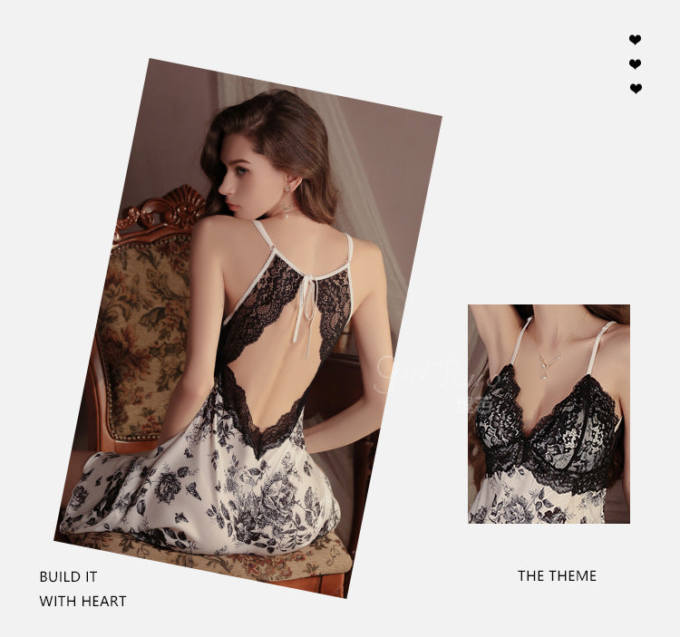 DZ Gorgeous Sweet Floral Sexy Nightdress Pure Desire with Chest Pads Sheer Lace Plus Size Nightgown Home Set4900