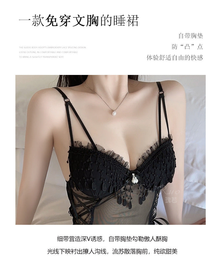 DZ Gorgeous Erotic Lingerie Playful Pure Desire Tassel Decoration Sexy Padded See-through Mesh Nightdress Set5277