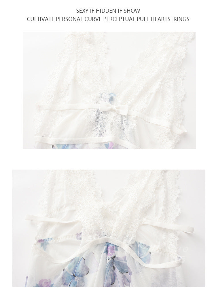 DZ Gorgeous Erotic Lingerie Passionate Temptation Backless Sweet See-through Mesh Sexy Irregular Nightdress Set5104