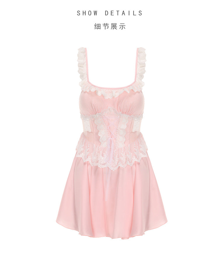 DZ Luxurious Plus Size Satin Nightgown Deep V Backless Pure Desire Sweet Nightdress with Chest Pads Home Set5395