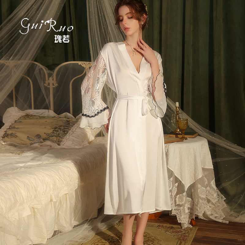 DZ Guiruo Brand Light Luxury Satin Nightgown Sweet See-through Lace Decoration Sexy Lace-up Robe Women's Set5471