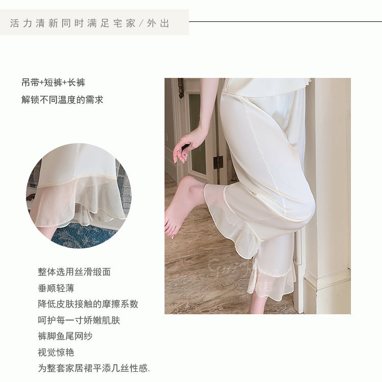 Rose-like Deep V Push-Up Padded Ice Silk Lingerie Passionate Temptation Mesh Camisole Long and Short Pants Three-Piece Set5259