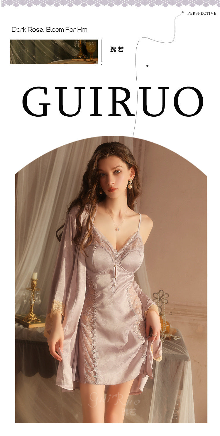 DZ Magnificent and fiery deep V Padded Bra Lingerie Pure Desire Backless Sexy Jacquard Nightdress Robe Home Set C5630