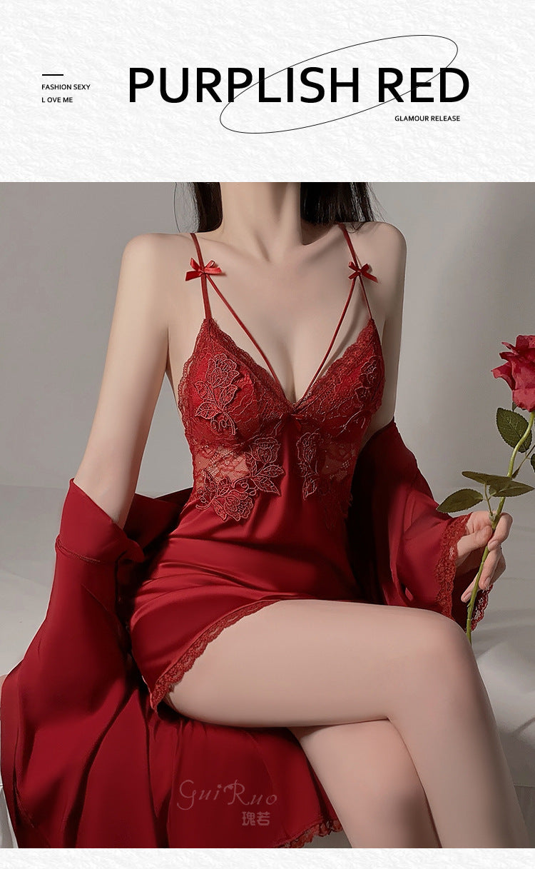 DZ Magnificent Summer Plus Size Nightdress with Chest Pads, Gathered Backless Strap Nightgown, Robe, Women's Homewear Set4372