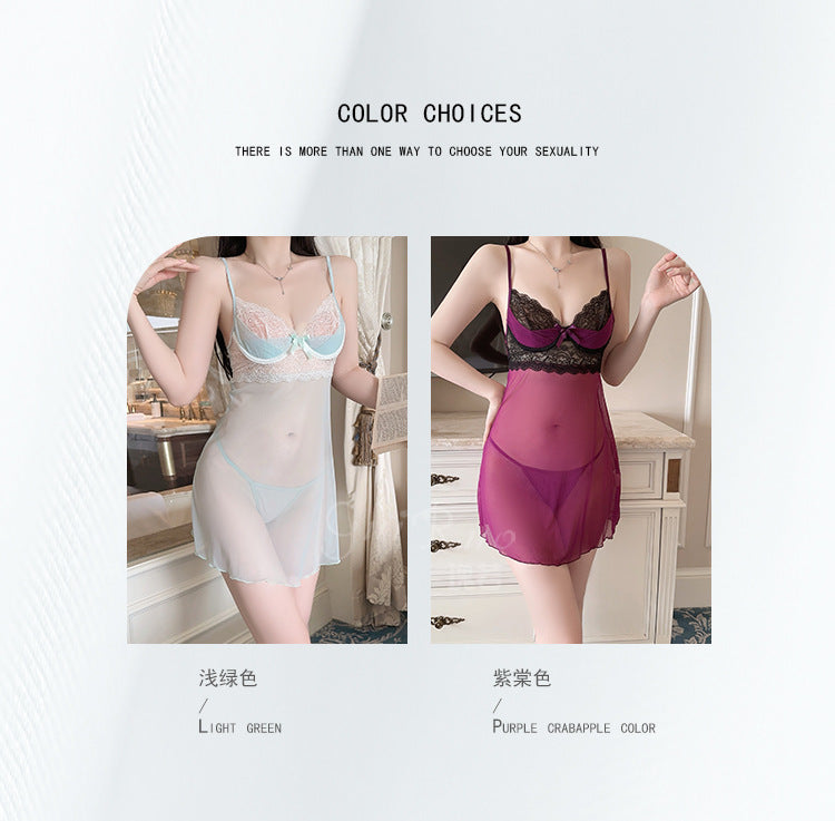 DZ Elegant Women's Lingerie Sweet Temptation Mesh Lace Deep V Underwire Strap Dress Set XK5623