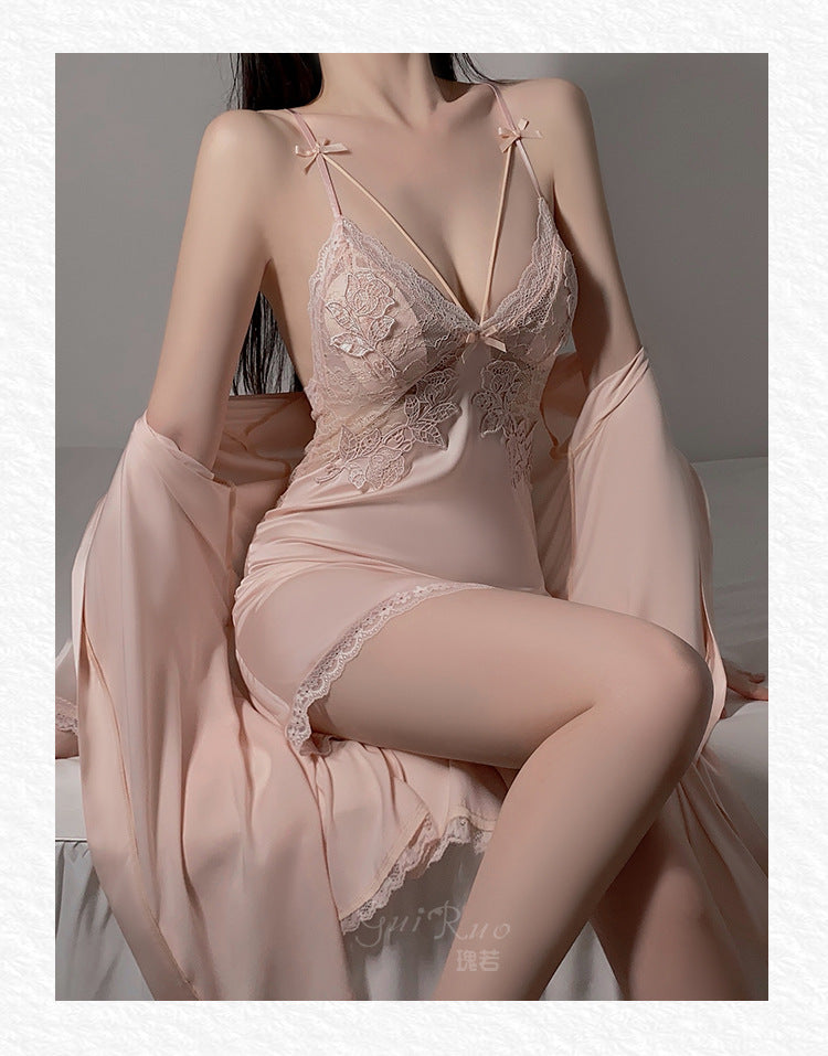 DZ Magnificent Summer Plus Size Nightdress with Chest Pads, Gathered Backless Strap Nightgown, Robe, Women's Homewear Set4372