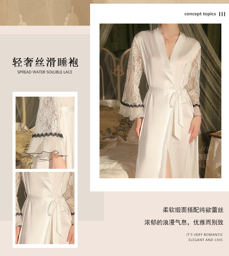 DZ Guiruo Brand Light Luxury Satin Nightgown Sweet See-through Lace Decoration Sexy Lace-up Robe Women's Set5471