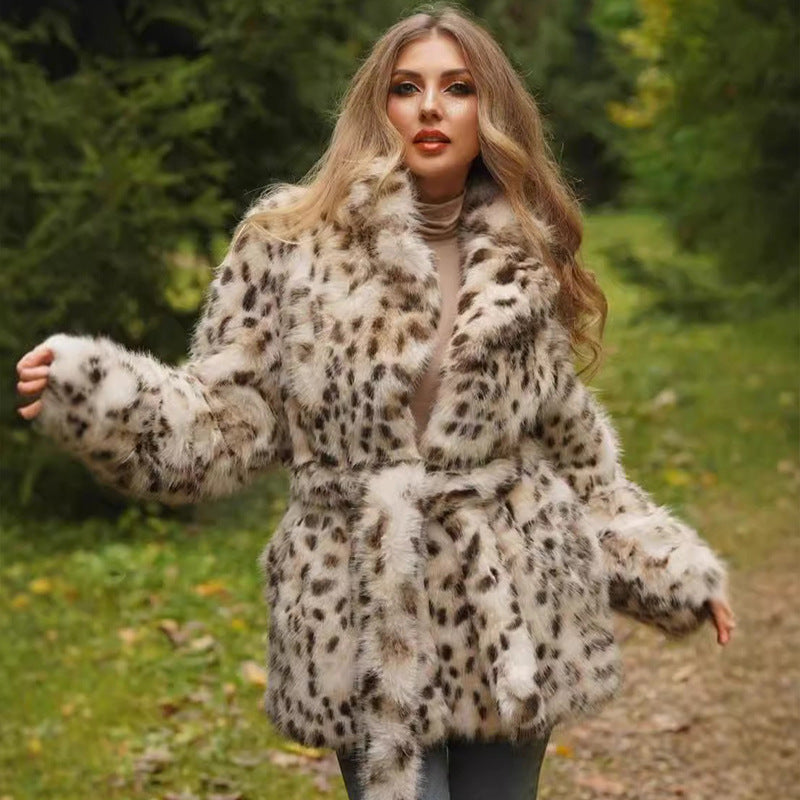 Europe, America, autumn and winter, new plus size women's fur leopard coat, suit collar and long section.