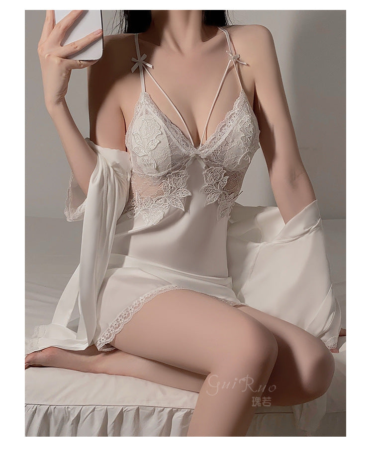 DZ Magnificent Summer Plus Size Nightdress with Chest Pads, Gathered Backless Strap Nightgown, Robe, Women's Homewear Set4372