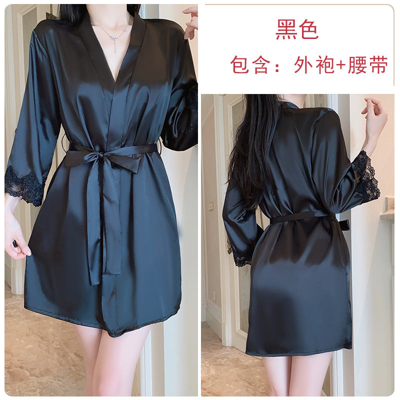 DZ Magnificent and fiery deep V Low-Cut Lingerie Pure Desire Simple Smooth Ice Silk Nightdress Lace-Up Robe Women's Set5149