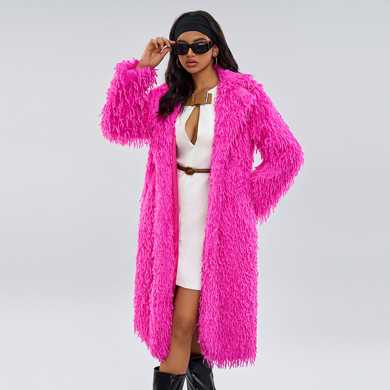 Cross-Border Foreign Trade European and American Fur Coat Warm Solid Color Fashionable Fur Extended Length Fur Coat Unique Overcoat
