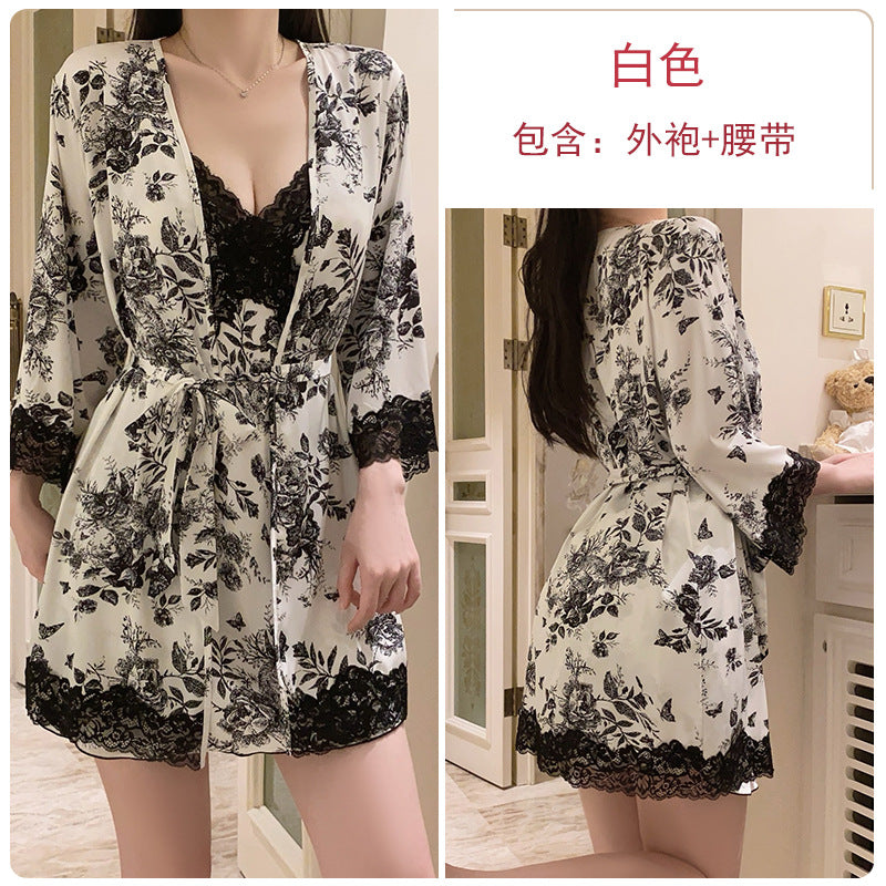 DZ Luxurious and Sexy Nightdress with Chest Pads, Sweet Ice Silk Nightgown and Robe Home Set4905