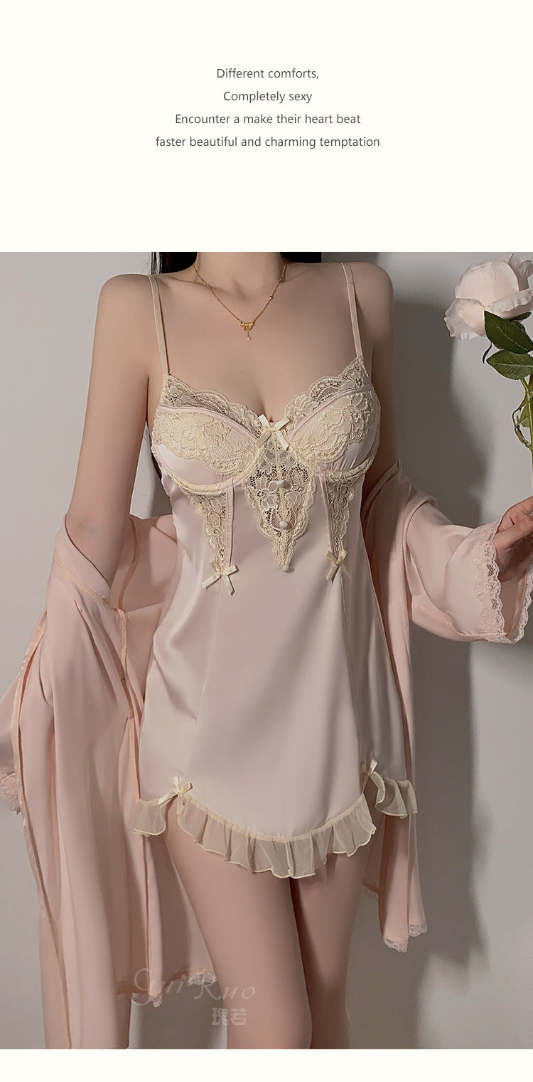 DZ Gorgeous Sexy Underwire Nightdress with Chest Pads, Comfortable Robe, Plus Size Pure Desire Homewear Set4240