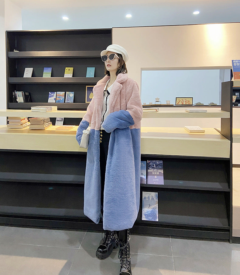 Loose mink fur stitching long coat Mao Mao suit collar women's coat