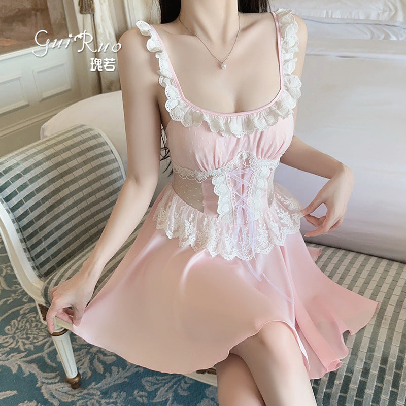 DZ Luxurious Plus Size Satin Nightgown Deep V Backless Pure Desire Sweet Nightdress with Chest Pads Home Set5395